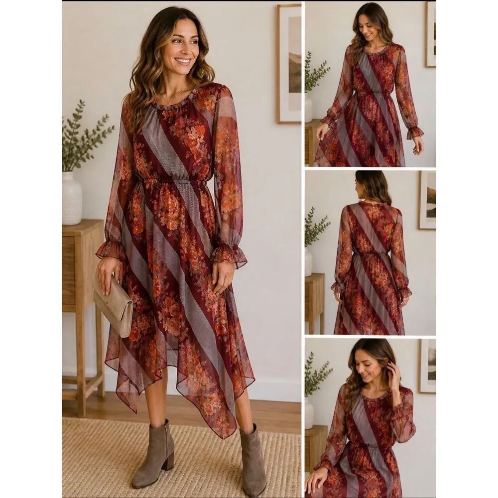 Soft Surroundings Floral Chiffon Dress Burgundy Orange Boho Sheer Sleeve Asymmet
